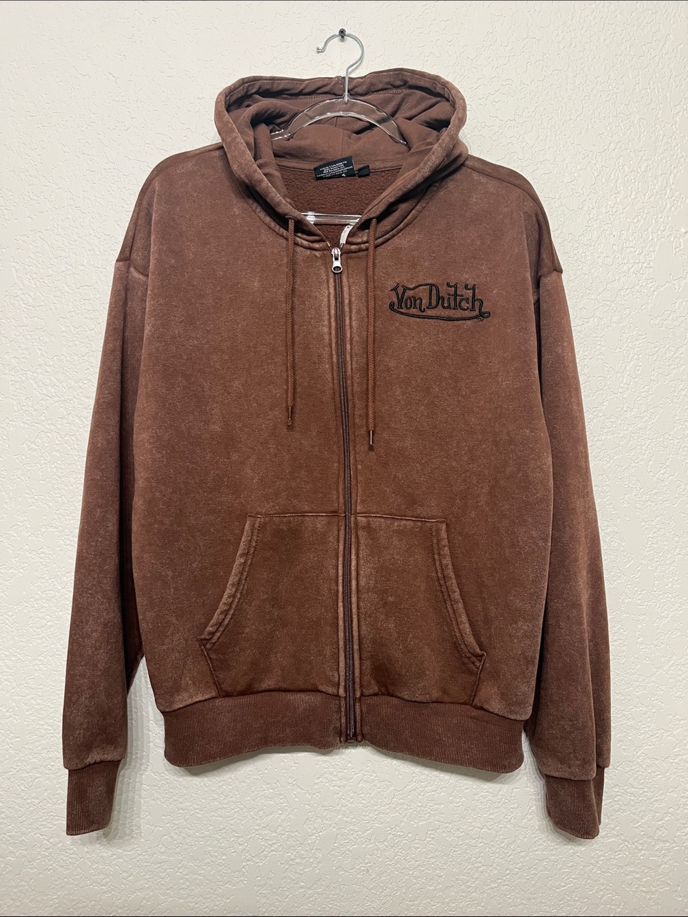 Von Dutch Brown Men’s Medium Brown Acid Wash Y2K Full-Zip Hooded Sweatshirt